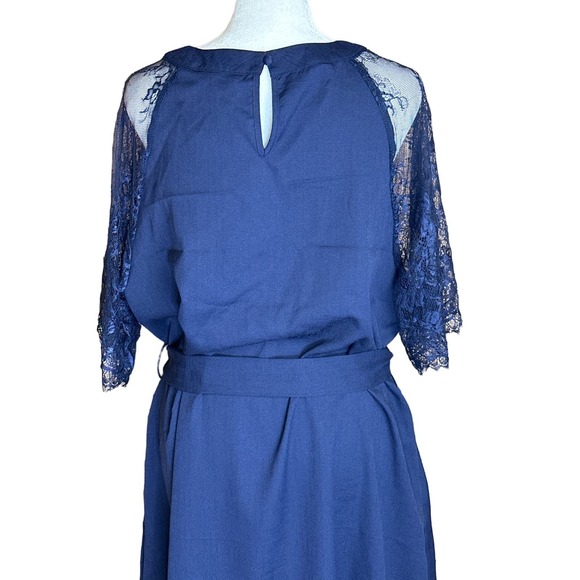 Bloomchic Dress Solid Keyhole‎ Round Neck Pocket Lace Sleeves Navy - Picture 5 of 13